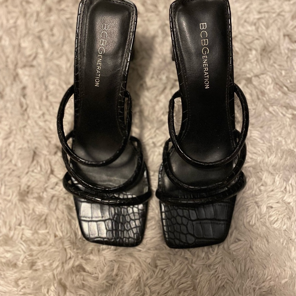 BCBGeneration Black Croc-Embossed Strappy Heeled Sandals